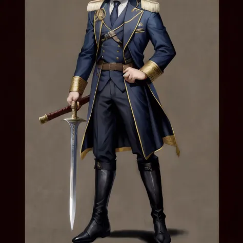 an assassin with a bright background, he wears an old phrygian cap and a long navy blue tuxedo in the style of french military u...