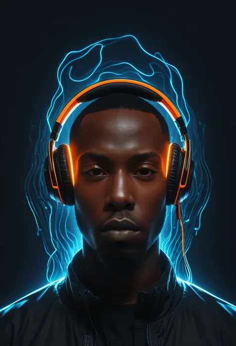 shawt a black man in a futuristic audio visualization, glowing orange headphones, abstract human silhouette, dark background, ne...