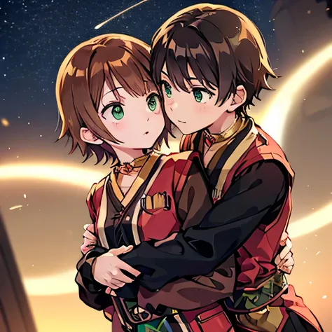 a girl with green eyes, short brown hair , red blouse with long sleeves, googles her hair, affectionately hugging a boy with sho...