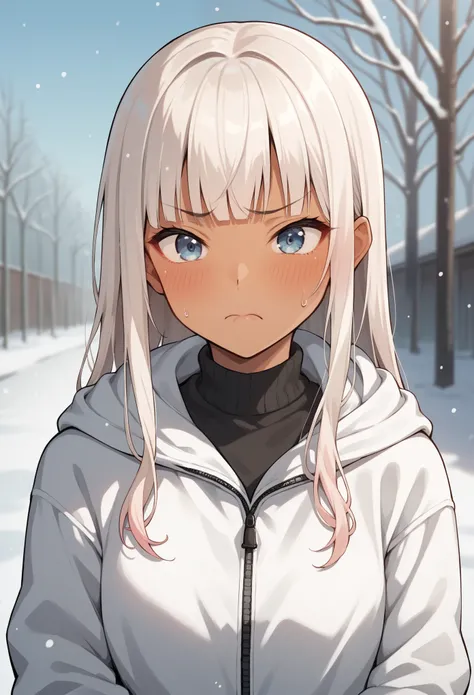 Score_9, score_8_up, score_7_up, score_6_up, source_anime, rating:general, 1girl, Gyaruu, tan, Gyaru, upper body, embarrassed, blush, frown, casual sporty winter clothes, black and white clothing, white hair, hime cut, straight bangs, light blue eyes,  sno...