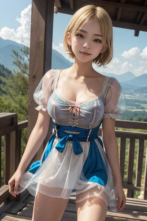 asian girl (drooping eyes, round face), ecstasy, ((completely transparent see-through (dirndl) on the naked)), open legs, outside, mountain, (blonde hair),