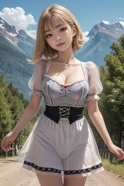 asian girl (drooping eyes, round face), ecstasy, ((completely transparent see-through (dirndl) on the naked)), open legs, outside, mountain, (blonde hair),