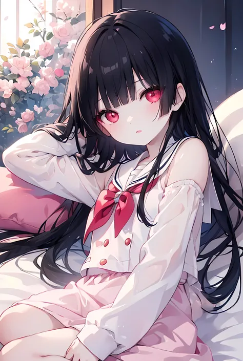 (Masterpiece)、Best Quality、Highest quality、High resolution、Very detailed、Glowing Skin、Bright highlights on eyes、Blushing、Black Hair、Pink Lips、Sailor suit、Red Eyes、Cute eyes、(whole body:1.4)、bed