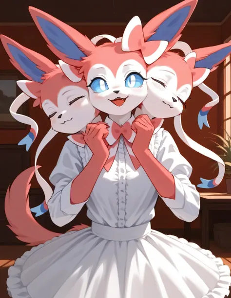 Solo, score_9,score_8_up,score_7_up,  an anthro furry female sylveon, blue sclera, white eyes, wearing pink blouse, white shirt frilly skirt, indoors, bashful pose, hands to her face, three heads, 3heads, conjoined, eyes closed, sleeping, asleep, 