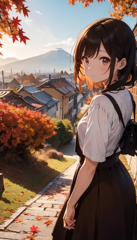 The ground is full of red leaves　golden Hair、Autumn Dresses、Kind Face、Warm lighting　Japanese anime style　Shortcuts　There are many autumn leaves on the ground at dusk　The background is mountains and autumn leaves　Autumn leaves are falling