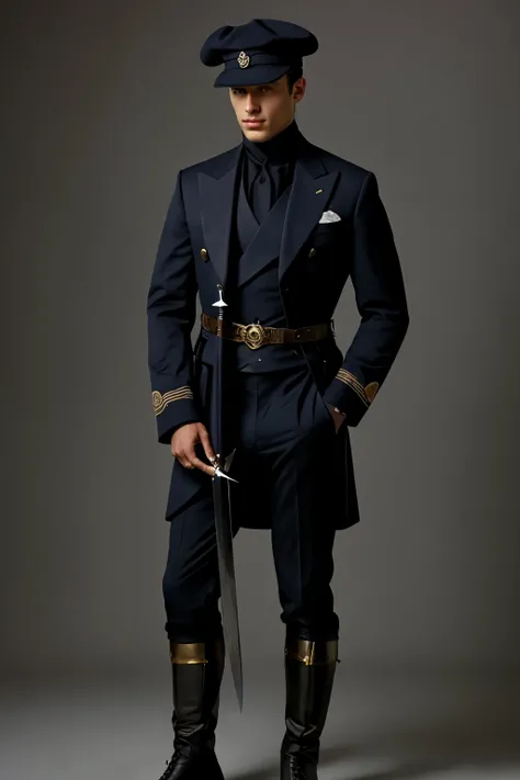 An assassin with a bright background, he wears an old Phrygian cap and a long navy blue tuxedo in the style of French military uniforms and decorated with gold or silver buttons. There is a tie or frilly shirt underneath the jacket. He wears high-waisted, ...