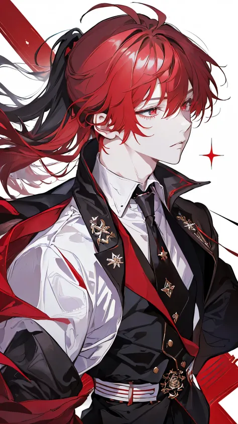 masterpiece, best quality, diluc (genshin impact), 1boy, male focus, red hair, red eyes, long hair, solo, simple background, whi...