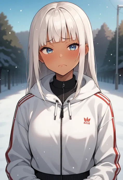 Score_9, score_8_up, score_7_up, score_6_up, source_anime, rating:general, 1girl, Gyaruu, tan, Gyaru, upper body, embarrassed, blush, frown, sporty winter clothes, black and white clothing, white hair, hime cut, straight bangs, light blue eyes,  snowy coun...