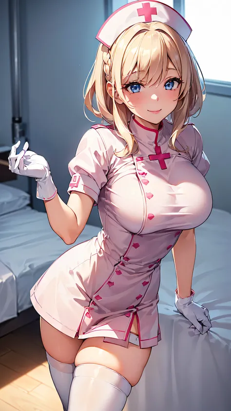 ((((, , perfect anatomy, super detailed skin)))), 1 girl, japanese, 1, nurse, white skin, shiny skin, large breasts:0.5, watching the view, (smile:1.5), beautiful detailed eyes, (middle hair:1.1, half up:1.5), blonde hair, blue eyes, pink lips, babyface, m...