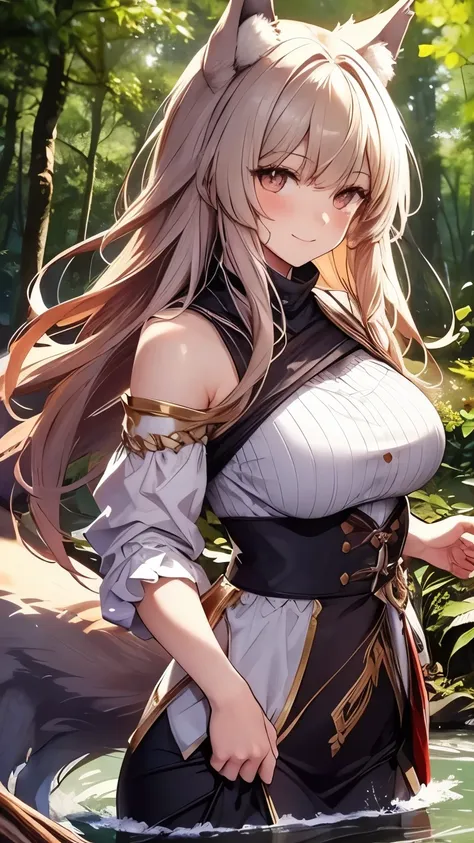 A human woman in wolf form, character, beautiful female face, wolf tail, dynamic movement, beautiful forest waterside, smiling gently, shy, blushing