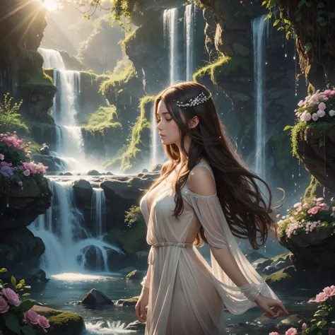 Hyper-realistic 3D of a beautiful woman, with long brown hair, is under a waterfall, enveloped in a magical atmosphere.  The crystalline drops slide gently down her face, reflecting the sunlight.  Her light dress clings delicately to her body, revealing th...