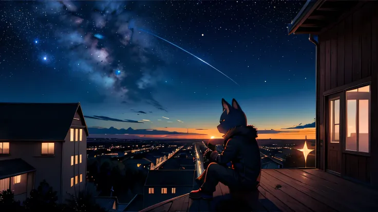 Octane, void, star (void), scenery, starry void, nighttime,((((furry)))) ,The boy in the net, nighttime void, alone, outdoor, building, cloud, galaxy, Sitting, wood, Rural town, shadow, Cityscape