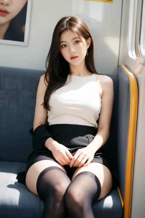 (masterpiece, Highest quality, 8k, RAW Photos, beautifully、beautiful:1.2),  Intricate details, indirect lighting, Realistic, AsianEyesEra, 
whole body, Sitting on a chair on the train、Gazing at the audience、Voyeur、Photographed from the front、Focus on the i...