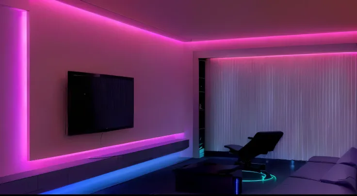 a brightly lit living room with a tv and a chair, led light strips, neon ambient lighting, soft neon lighting, neon accent lights, colored lighting, soft neon lights, rgb lighting, subtle neon underlighting, rgb led lights, soft neon purple lighting, room ...