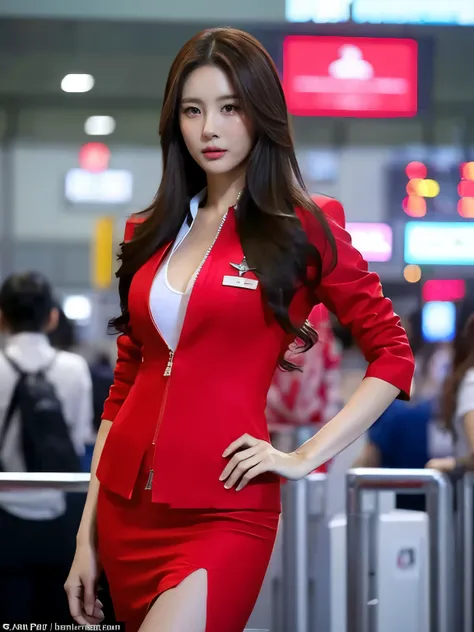 a stunning airasia stewardess pose at tokyo's narita airport, captured in breathtaking 32k hdr detail. a beautiful woman with lo...