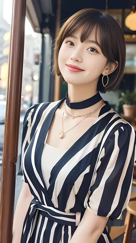 Show me the woman who will amaze everyone..、Eat a parfait at a cafe、（Antique cafe with a retro atmosphere）、（Enjoy a delicious fruit parfait.）、It suits her perfectly.、A tight fitting orange striped one piece suit、The collar should be a little more open、Look...