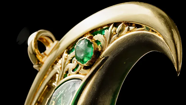 there is a close up of a gold and green clock, exquisite fine details, emerald jewelry, jewelry engraved in scarab, stunning and rich detail, detailed jewellery, a tiara with emeralds, exquisite details, jewelry photography, gold and green, glass and gold ...