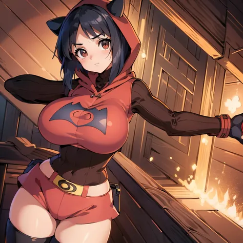 (insanely detailed, beautiful detailed face, masterpiece, best quality), ((masterpiece)),((best quality)),(highres), bokeh, looking at viewer, cowboy shot, pkmntpg, fake horns, hoodie, red shorts, gloves, red boots, huge breast, large breast, black hair, s...