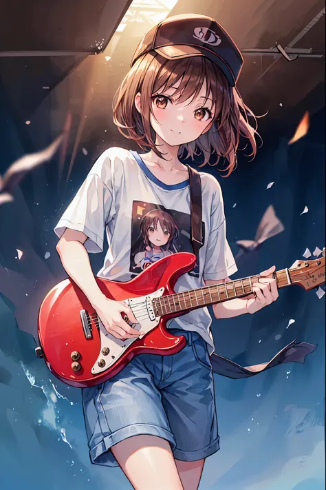 路上でguitarを弾くアニメの女の子，Brown Hair，Shortcuts，Messy Hair，Short braided hair，Neat，Slender beauty，A dignified posture，Small chest，Beautiful feet，Her captivating grey-blue eyes shine like stars，Vibrant colors,Beautiful Eyes,繊細なsmile,Textured Skin,The best quality ...