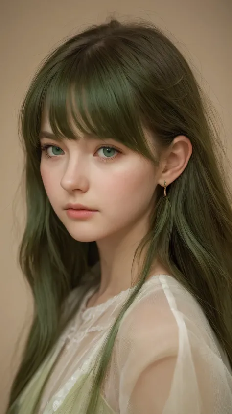 a girl. European. Extremely detailed face. Oval face. Delicate facial features. Half-closed eyes. Long straight hair. Messy hair. bangs. Green hair. Green eyes. earrings. Neutral expression. Shy