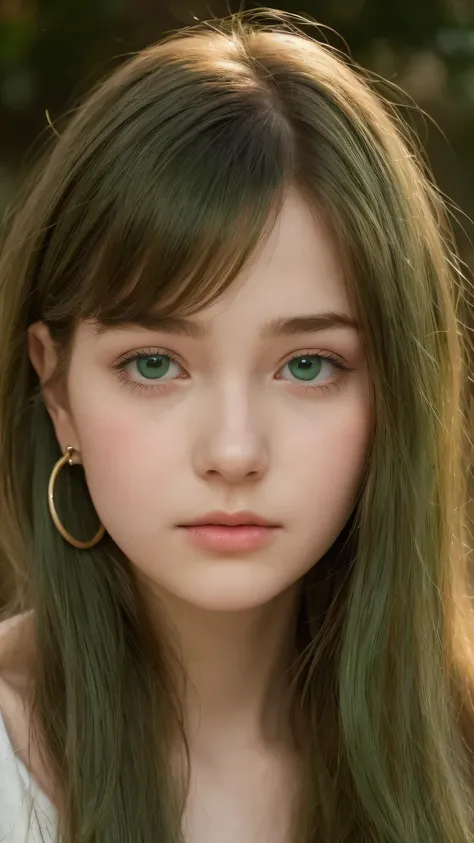 a girl. European. Extremely detailed face. Oval face. Delicate facial features. Half-closed eyes. Long straight hair. Messy hair. bangs. Green hair. Green eyes. earrings. Neutral expression. Shy