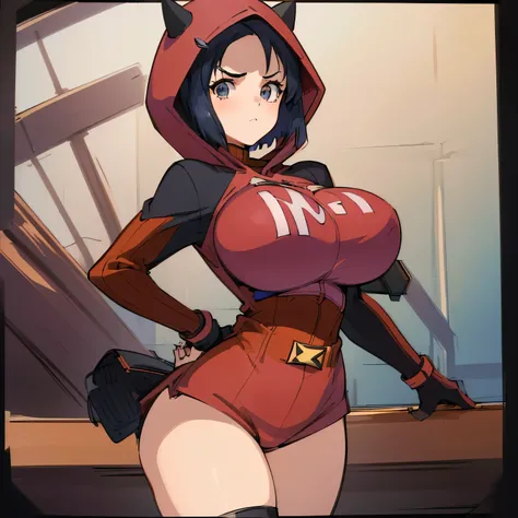 (insanely detailed, beautiful detailed face, masterpiece, best quality), ((masterpiece)),((best quality)),(highres), bokeh, looking at viewer, cowboy shot, pkmntpg, fake horns, hoodie, red shorts, gloves, red boots, huge breast, large breast, black hair, s...