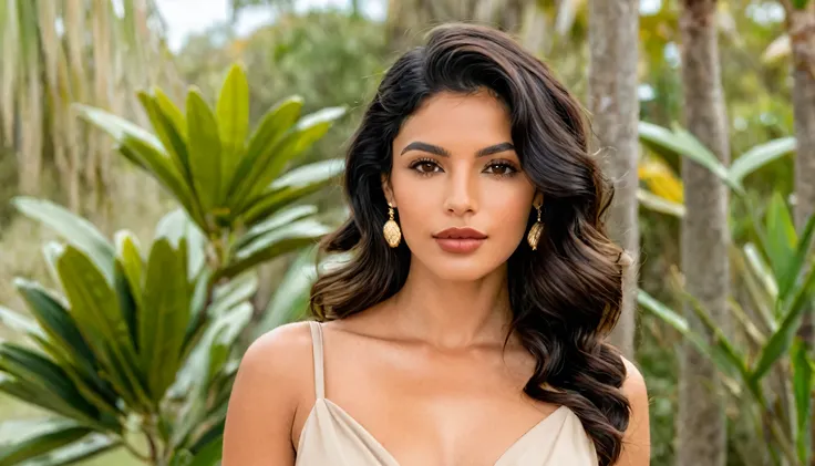 A photo of a 4 Colombian woman, medium height (about 165cm), with an olive skin tone and black wavy hair. She has sharp facial features, deep brown eyes, and full lips. Wearing a simple, elegant beige dress with subtle feminine details. She is standing out...