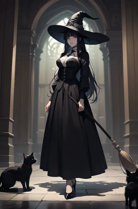 beautiful girl、cute、baby face、Glasses、Black Hair、Long Hair、Straight Hair、Bangs、bangsBangs、Hime cut、Mine system、Long skirt、Black pumps、Magic Broom、Witchs Broom 、witch、witch hat、beautiful girl、Gothic Dress、Long Dress、Big Breasts、Slim body、There is a black ca...