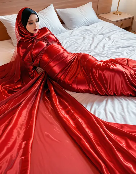 woman shrouded in a 10-meter-long, plush red semi transparent satin shimmer cloth, tightly bound and grandly draping along the form of her body, flowing off into a pooled floor-length train, styled in a mermaid-inspired outfit, her head modestly veiled in ...