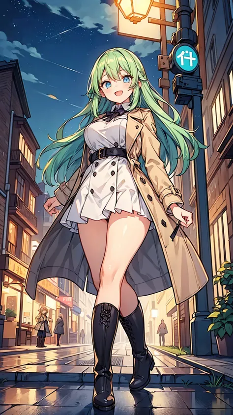 ((A Pretty girl Standing with her legs wide apart)), ((wearing the trench coat and Thick boots)), ((full body)), Baby face, ((top-quality, master piece, ultra-definition, high resolution)), anime girl, ((ultra-detailed illust:1.2)), 1 girl, bangs, hair bet...