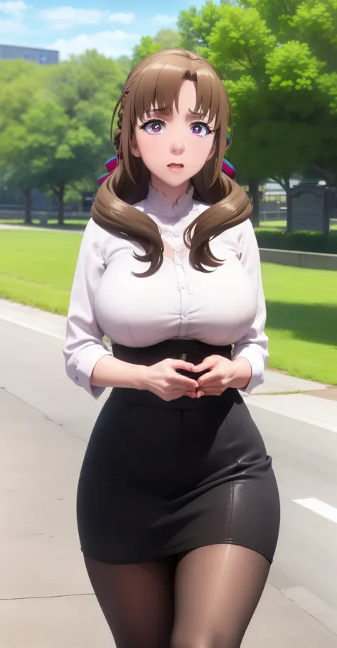 High Resolution, HD, Best Quality, Extremely Detailed, (hypdertailed), masterpiece, (best quality), 1 woman, 1 girl, Oosuki Mamako, chestnut hair, long hair, purples eyes, mature woman, female, (((White Collared Shirt))), ((Black Pencil Skirt)), ((Black Pa...