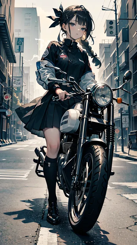 ((A high school girl riding a motorbike,Wearing a uniform,Teenage Girls,Soft looking lips,Glossy skin,Hair is braided,Soft-looking skin:1.25,Hair Ribbon,Hair is braided,)),(Mini Bike,Smoke coming from motorcycle muffler,Start the engine,Standing):1.25,(8k,...