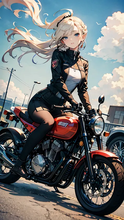 ((A high school girl riding a motorbike,Wearing a uniform,Teenage Girls,Soft looking lips,Glossy skin,Hair is braided,Soft-looking skin:1.25,Hair Ribbon,Hair is braided,)),(Mini Bike,Smoke coming from motorcycle muffler):1.25,(8k, Best Quality, masterpiece...