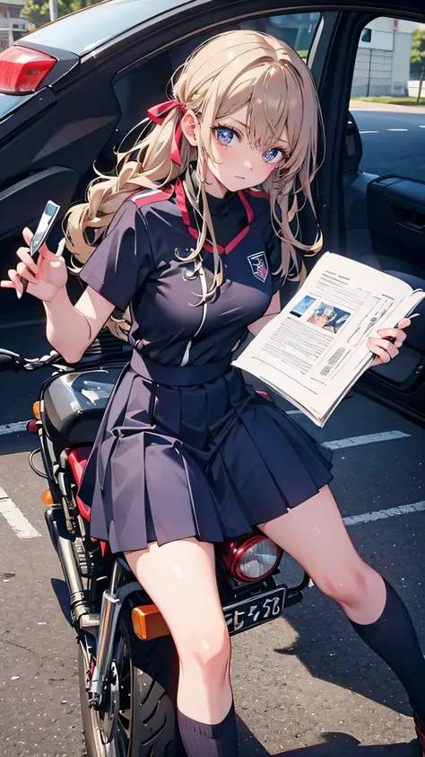 ((A high school girl riding a motorbike,Wearing a uniform,Teenage Girls,Soft looking lips,Glossy skin,Hair is braided,Soft-looking skin:1.25,Hair Ribbon,Hair is braided,While driving:1.25)),(Off-road bike)(8k, Best Quality, masterpiece: 1.2, masterpiece, A...