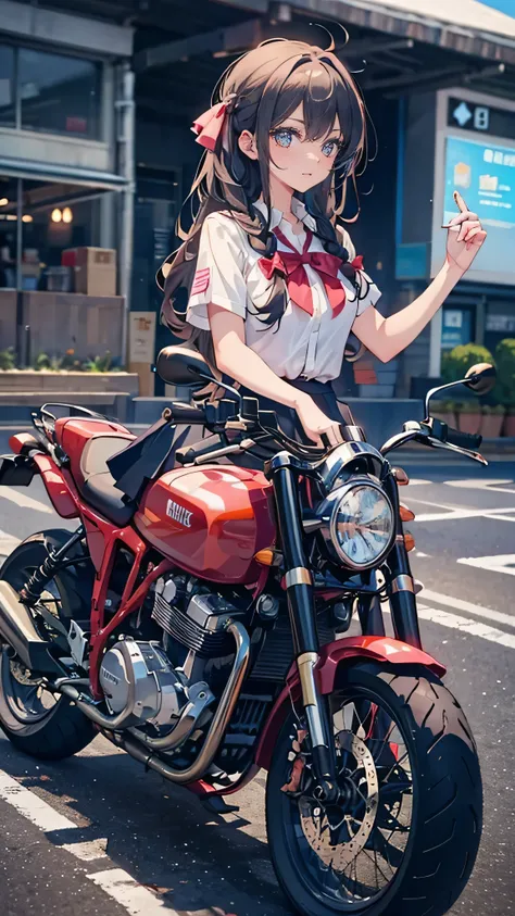 ((a high school girl riding a motorbike,wearing a uniform,teenage girls,soft looking lips,glossy skin,hair is braided,soft-looki...