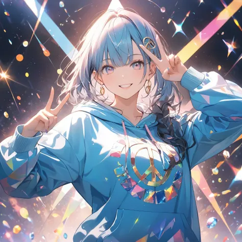 Winkをしている女性,Wearing a hoodie,Moe Sleeve Hoodie,Peace sign,Photo shoot pose,Wink,Shining Eyes.Glowing eye highlights,Sparkling,The background is bright like a jewel,Geometric patterns,Radial Official illustration style,Masterpiece,Best Quality,Exquisite,8k,...