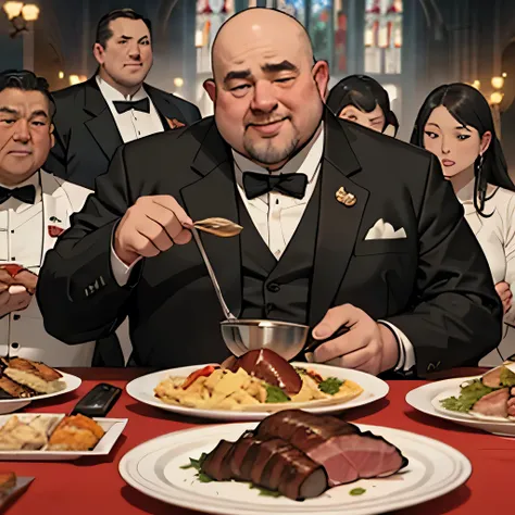 a banquet for the lowly aristocrats、tuxedo、ugly fat men。bald、eating meat with orgasm face、eat a big chunk of meat。very fat and u...