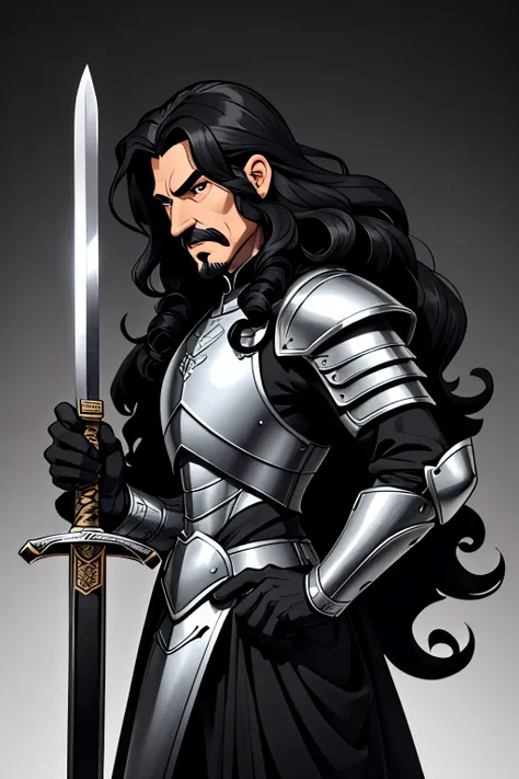 black & white style, man with long black curly hair, pale with a mustache, in armor with a sword