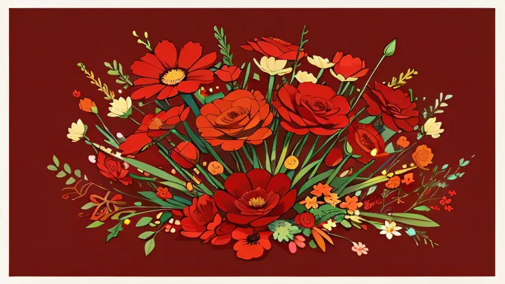 Cartoon flowers，Red is the main festive color，Flower Stroke，style of cartoon，High-definition exquisite highest resolution，Sea of Flowers，Lots of flowers ，Illustration material line drawing style