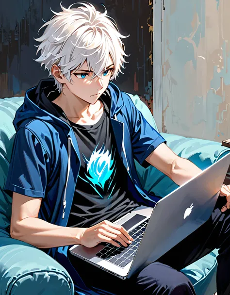 A young man sitting fiddling with his laptop with white hair a black T-shirt with Blue overcoat, His power is technology, Semi-realism