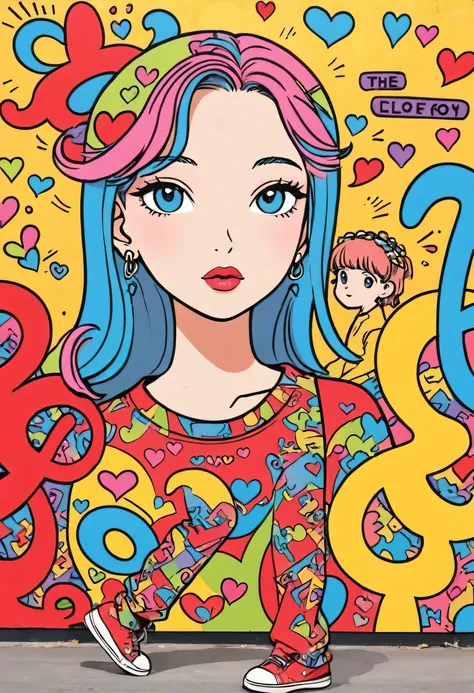 Keith Haring colorful style, Simple Line Initialism，Abstract art，Urban Background, (((The most beautiful girl of all time))), Sweet face. Lips in love, colorful hearts, stylish design, walking