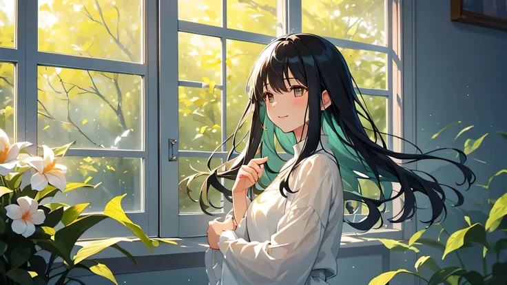 An elegant and refined woman、Wearing a white floral dress、Gently open the window。Her long black hair is、Swaying in the breeze、A gentle smile on her face reflects a calm mood.。From the window、Fresh green leaves shining with morning dew are illuminated by th...