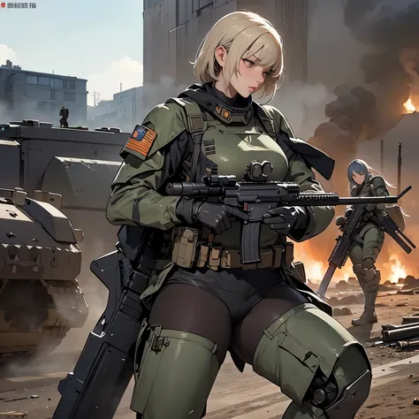 nsfw, anime screencap, 16k, very wide shot, perfect anatomy proportion body, action, A dynamic composition with a sense of speed and movement, Camouflage-colored heavy armor steam engine full armor powered suit,(Many sexy female soldiers having a gunfight ...