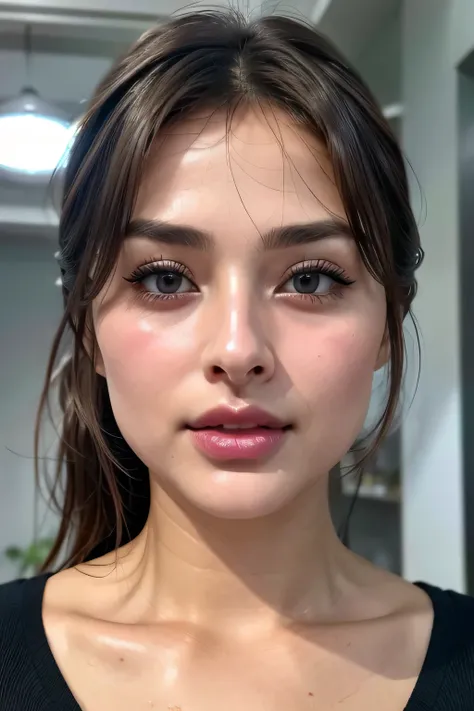 Taylor Hill,Beautiful Japanese actresses,,1 girl,Tabletop,,Awards - Winning Photos, Very detailed, Keep your eyes clearly focused, Nose and mouth,Face Focus, Extreme close up of face、Woman with open mouth and closed eyes, Black camisole、,Black-haired、Symme...