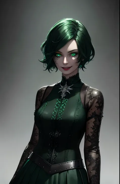 a beautiful girl with short green hair, dark clothes, a wide skirt, electronic style, piercing, eyeliner, smiling, detailed faci...