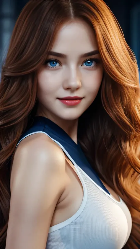  A girl, beautiful big striking blue eyes, delicate black eyebrows, rosy cheeks, red lips, smiling face very white skin, long wavy orange hair cascading around her face and shoulders, detailed eyelashes, photorealistic cyberpunk style, perfectly focused, c...