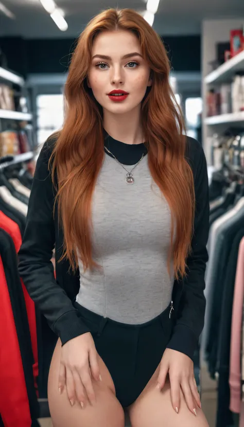 hyperrealistic beautiful busty 20-year-old woman with long legs wearing casual clothes rose longsleeve bodysuit with black high-waist pants and sneakers, model shooting full body photography, natural redhead long straight hair, freckles, soaky wet skin, da...