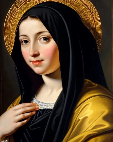 Virgin Mary oil painting black cloak masterpiece, The best quality, High clarity eyes., Critically impeccable,clear image, full portrait, high pixels, perfect face, perfect eyes, thick figure, Beautiful face, perfect hands,perfect fingers, In the style of ...