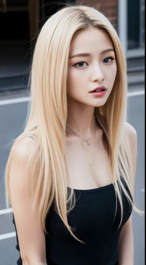 Photorealistic, High resolution, 1womanl, Solo, hips up high, view the viewer, (Detailed face), Narrow waist, Closed lips, Blonde gradient hair, Long hair, Street attire, Jewelry, a necklace、piercings、small 、Very small bust、flat breast、HIPPHOP、rapper、Girl ...