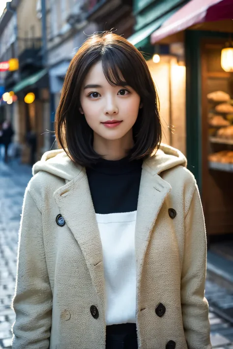  (8k, RAW Photos, Best Quality, masterpiece:1.3), (Realistic, photo-Realistic:1.4), (Highly detailed 8k wallpaper), Sharp focus, Written boundary depth,
 Japanese Idols,Very cute, (Coat:1.3),(Medium Hair: 1.3), Upper body Highly detailed face and eyes,((Sh...